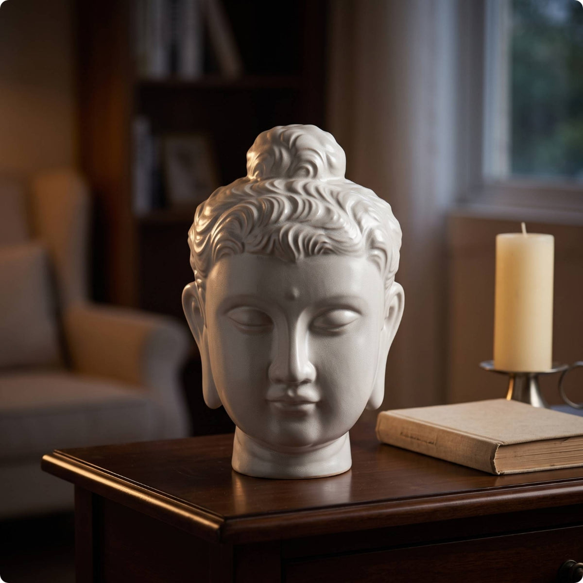 Buddha Head Sculpture Ceramic Buddha Head Statue Gray-White for Bookcase