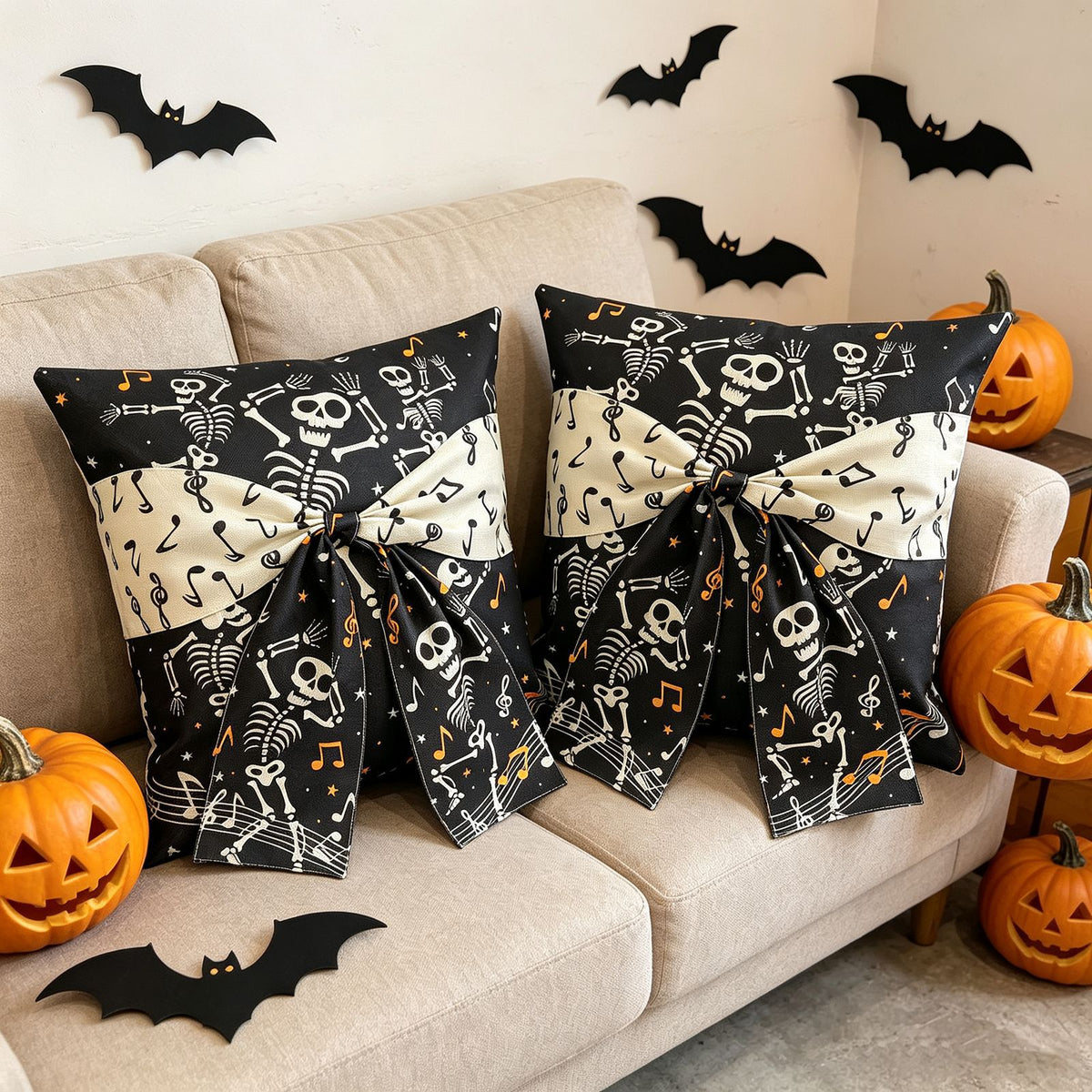 Halloween Skeleton Print Polyester Square Cushion Cover with Bow Tie