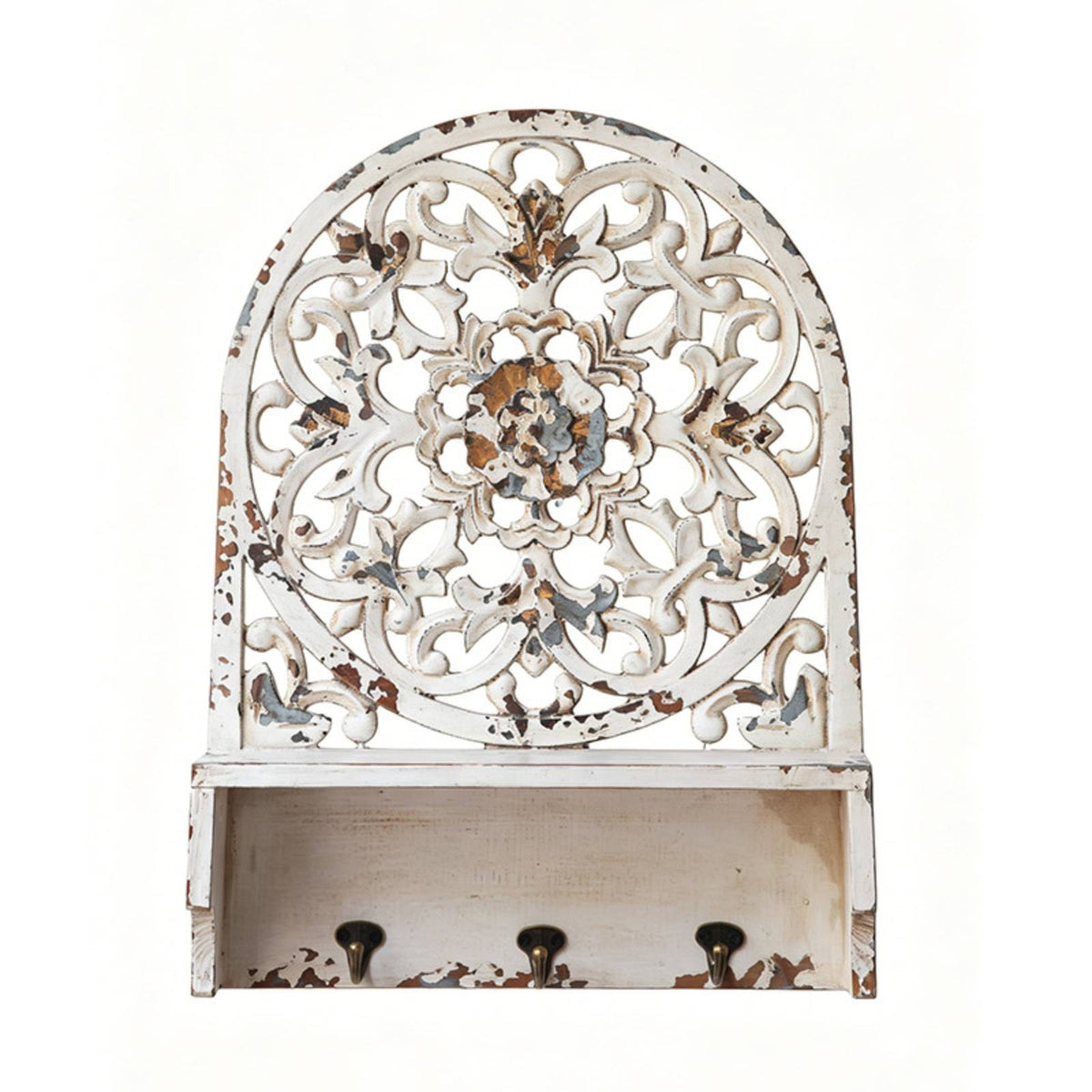 Entryway Shelf with Hooks Distressed Key Holder with Shelf Ornate for Hallway