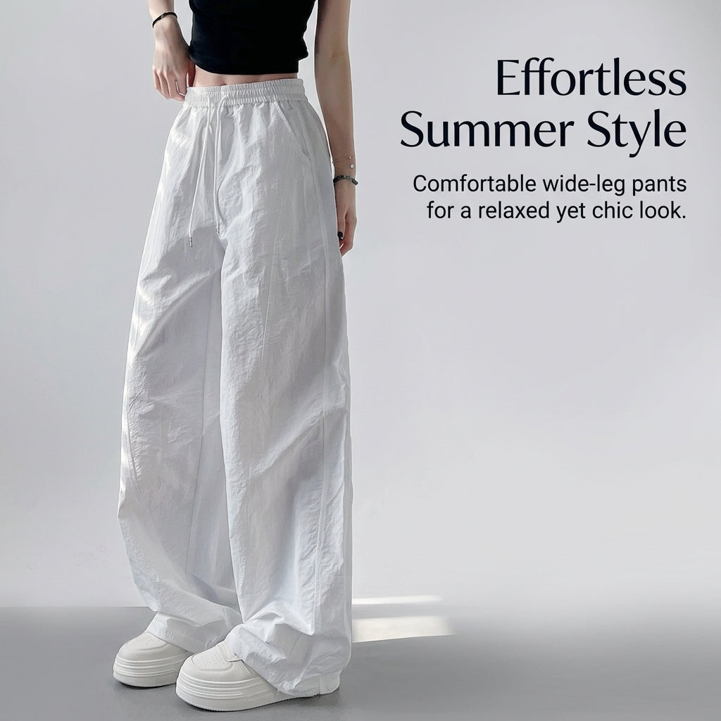 Ladies Trousers for Women UK with Elasticated High Waist, Wide Leg Summer Style in Cooling Ice Silk Material