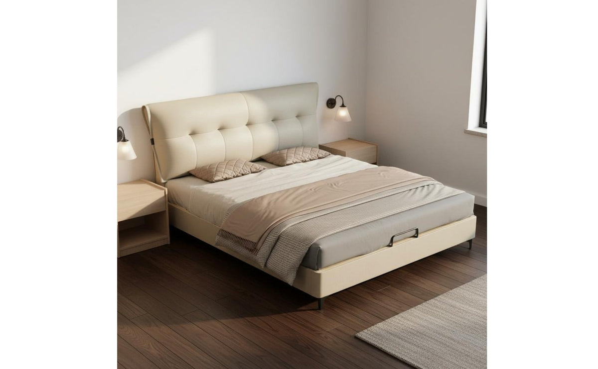 Cream Leather Tufted Bed Light Luxury Style Modern Leather Bed Frame Solid Wood Slat Base Bedroom Furniture for Couples, Small Apartment