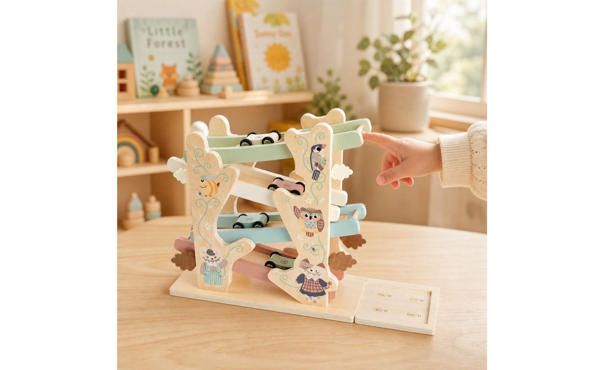 Pastel Wooden Car Ramp with Cars Tabletop Sliding Track Toy with Cars Educational Car Ramp Toy Compact for Toddlers, Preschoolers, Kids, Playroom, Nursery, Preschool