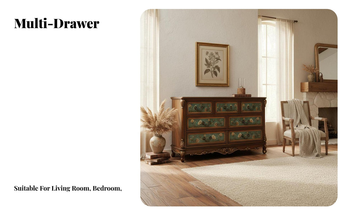 sturdy Wood Construction Colorful 5-Drawer Chest United States Country design Multi-Drawer upright Cabinet Vintage Design Accent chest of drawers Hand-Painted Finish for Decorators, Homeowners, Bedroom, Living Room, Entryway, Hallway