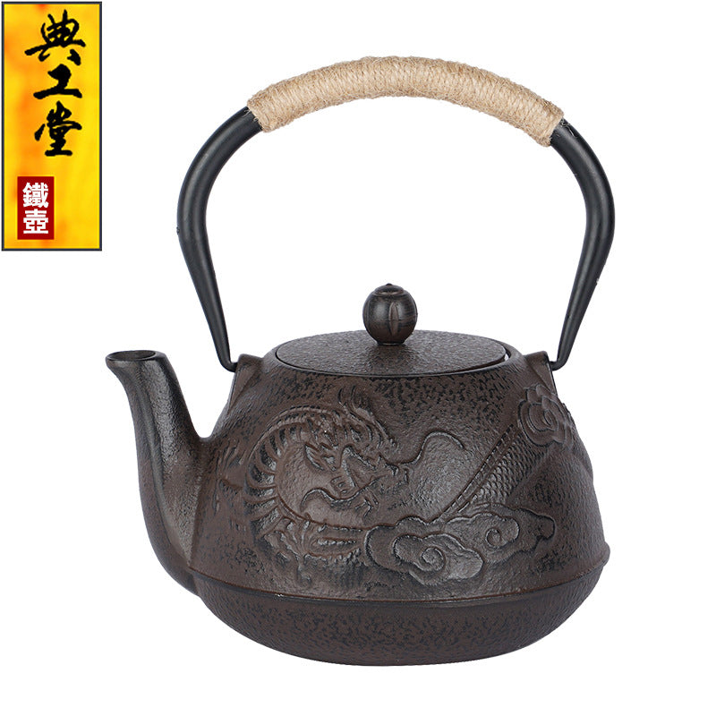 Cloud Dragon Cast Iron Teapot, Japanese Style, Uncoated, for Outdoor Use