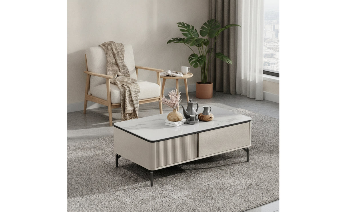 Rock Slab Coffee Table Ribbed Rectangular Coffee Table Glossy for Living Room