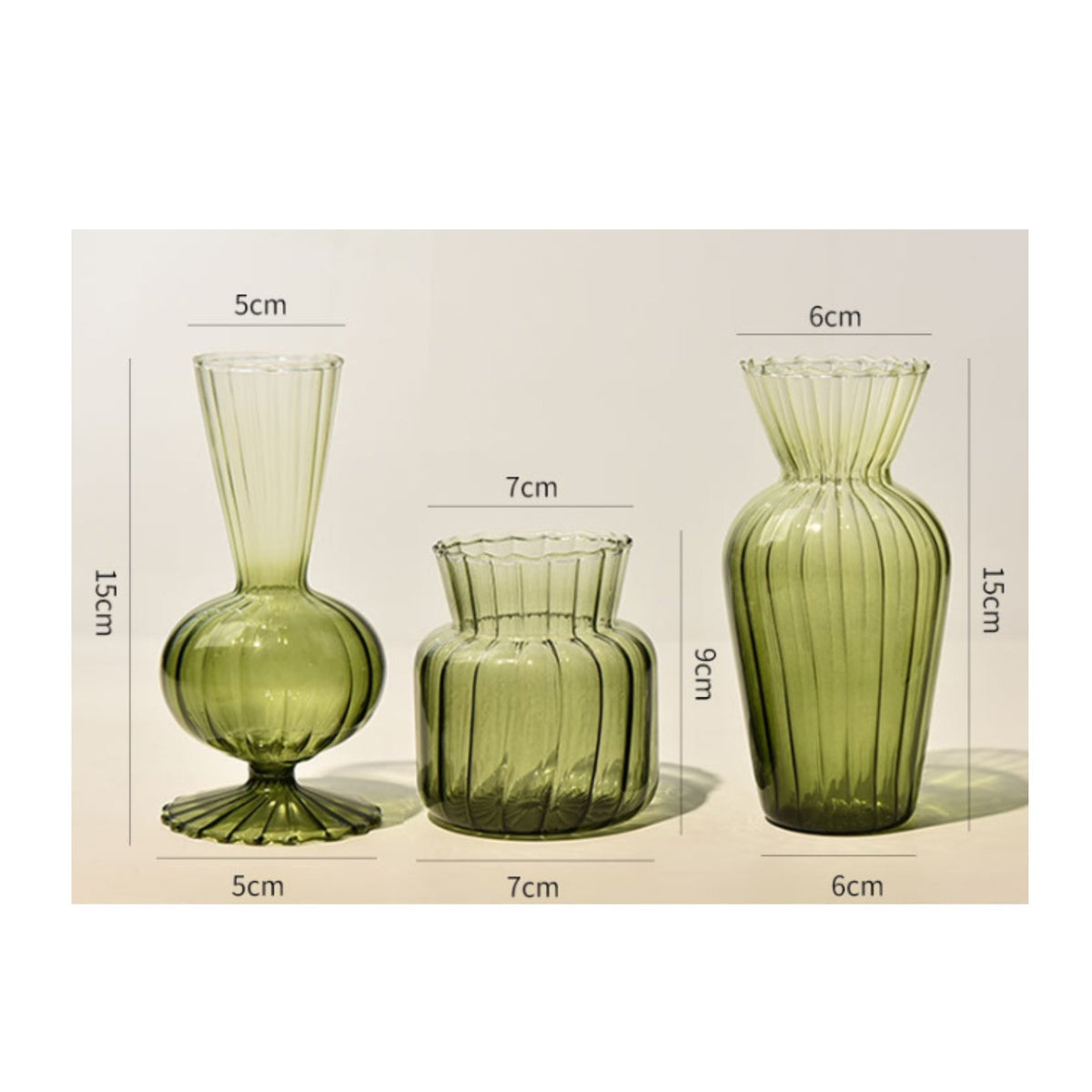 3 Pieces Green Striped Vase Fluted Design Stripe Vase Gift Idea for Living Room