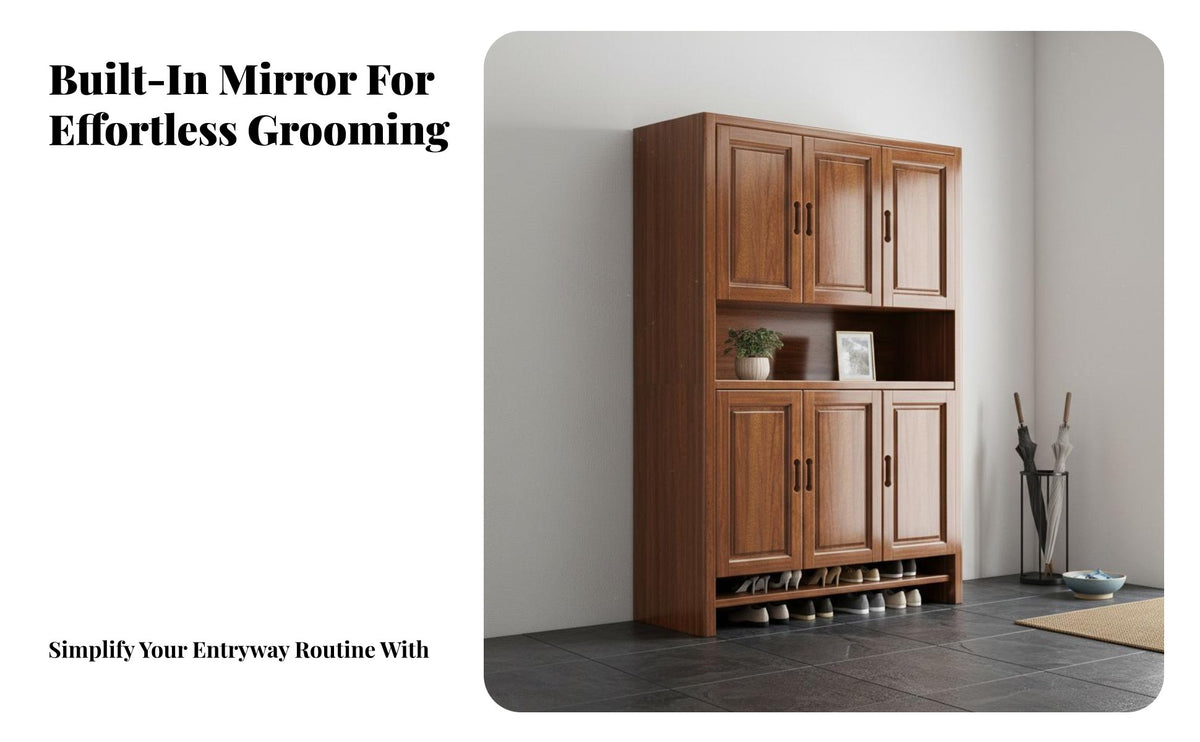 New Chinese Design Entryway Shoe Cabinet with Mirror Multi-Functional Walnut Wood Partition Cabinet Space Saving Multifunctional Hall Organizer Dust-Proof Cabinets for Apartment Dwellers, Homeowners, Families, Foyer, Hallway, Living Room