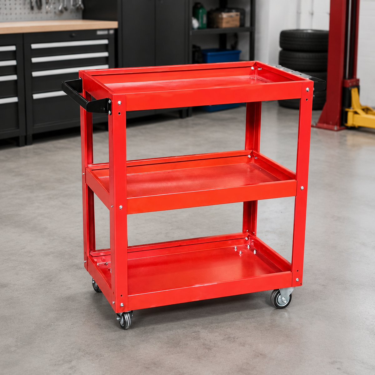 3-Tier Rolling Tool Cart, Red Painted Steel Service Cart 70x35cm, Mechanic Workshop Trolley with Locking Wheels