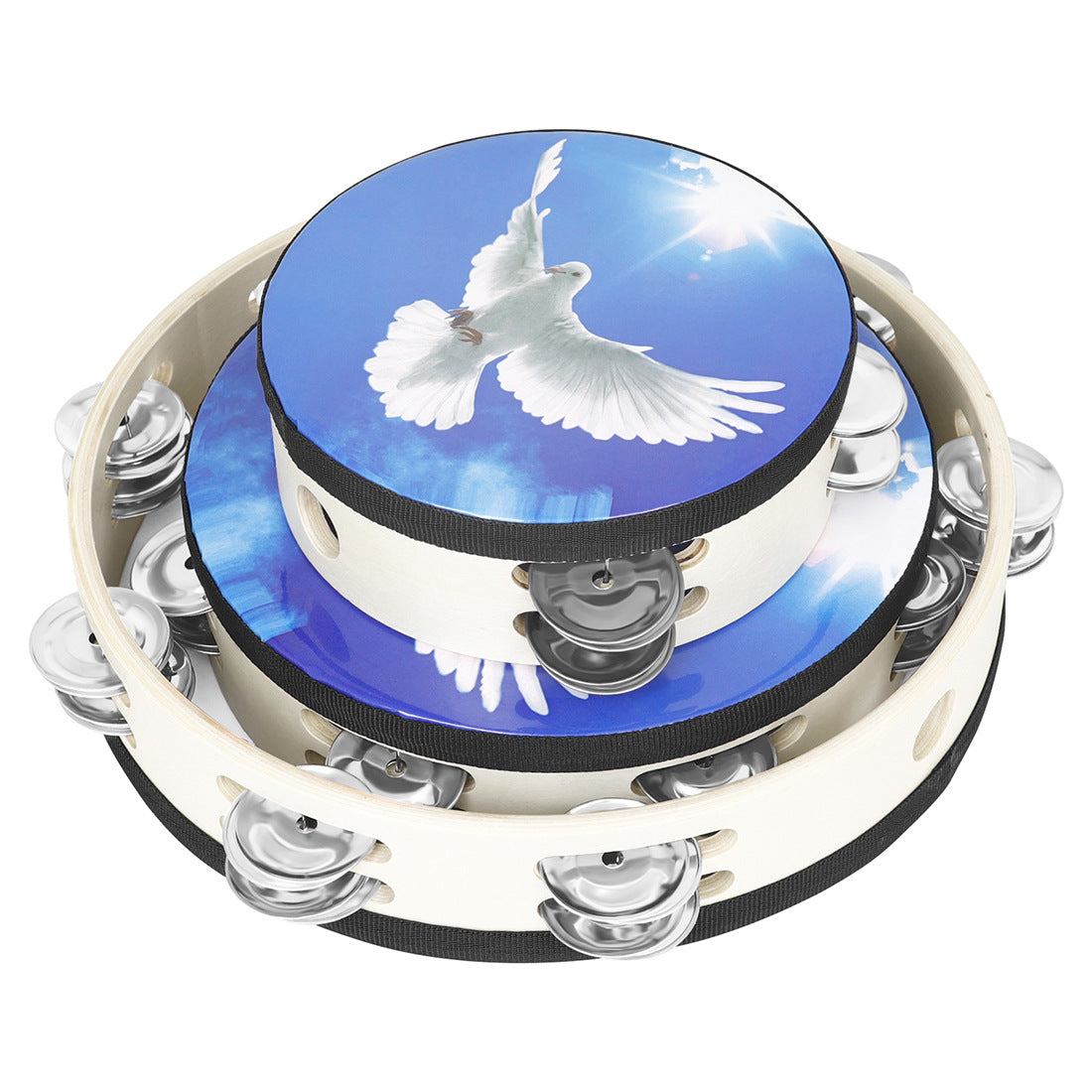 Double-Row Tambourine Hand Drum, 6/8/10 Inch, Wooden Frame
