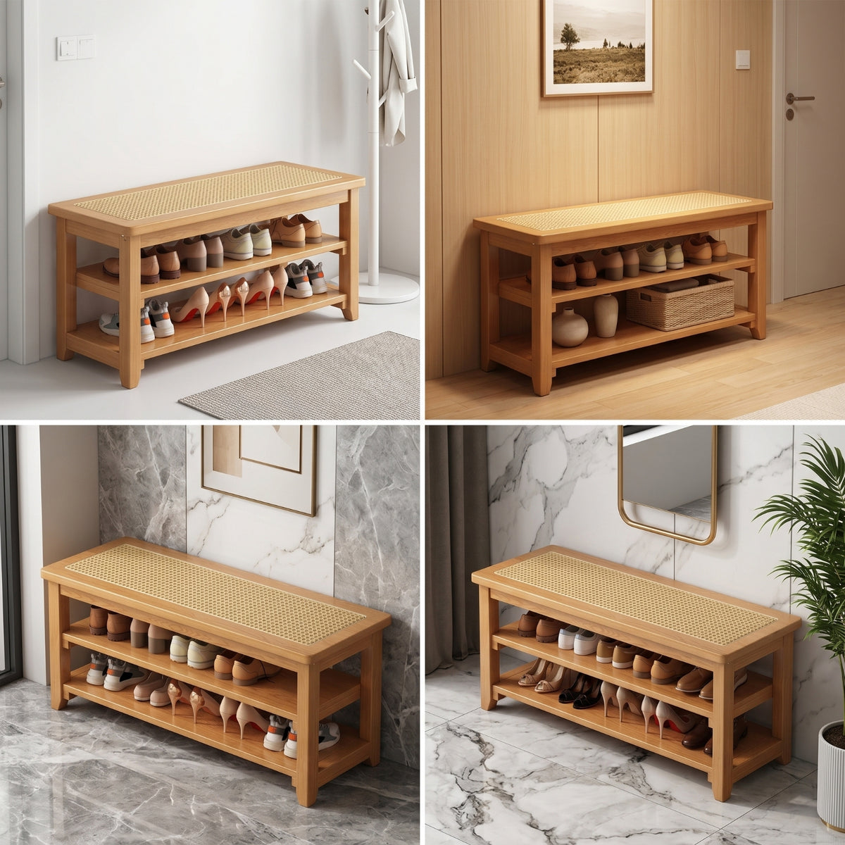 Bench with Shoe Storage Solid Wood Shoe Rack Bench Open-Shelf for Families, Hallway, Foyer, Small Apartments