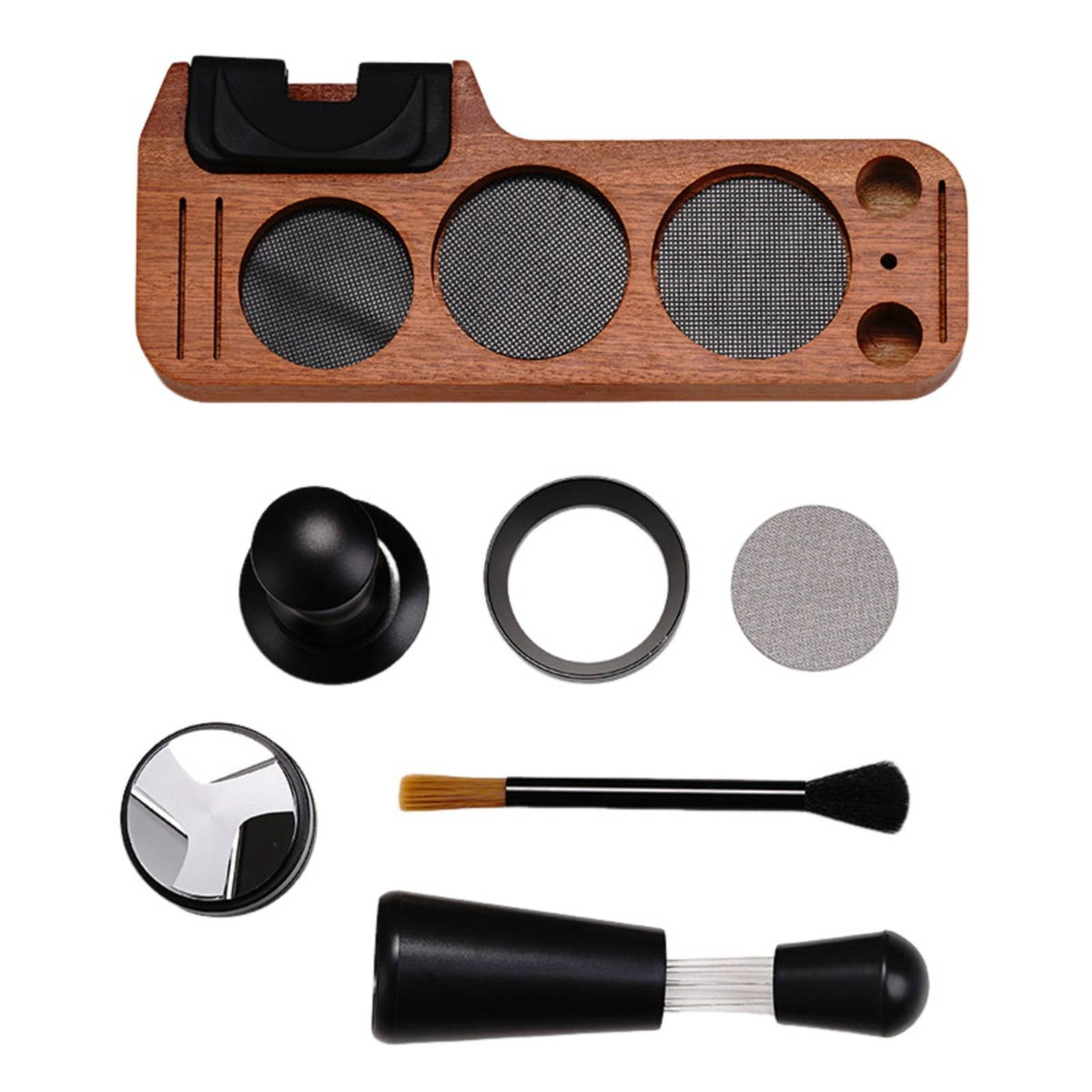 7 Pieces Espresso Organizer with Tools Wooden Coffee Tool Storage Board Compact Pressing Station for Kitchen Counter