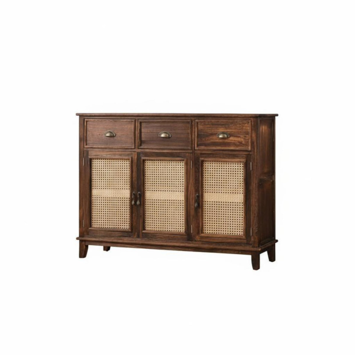 Modern Chinese Design Rattan Door Console Vintage Aesthetic Accent Cabinet with Woven-Panel Doors Multi-Functional Sideboard Ample Storage for Tea Lovers, Interior Decorators, Apartment Dwellers, Entryway, Living Room, Hallway