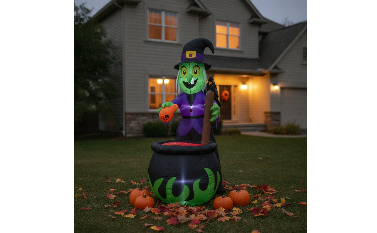 Inflate Inflatable Witch and Boiling Pot Outdoor Inflatable Witch Spooky Yard Decor Lighted for Lawn