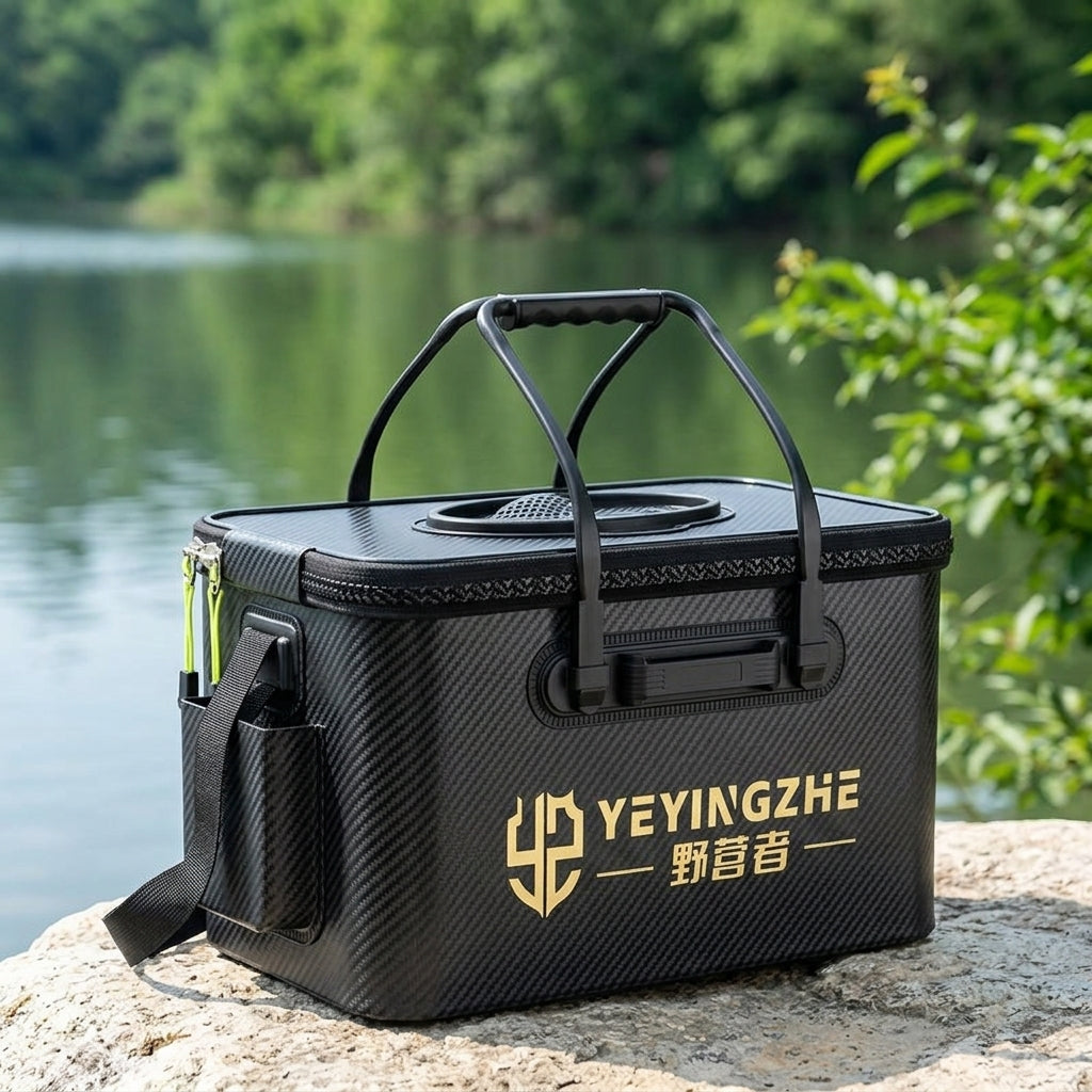 Collapsible Fishing Bucket, 21-32L EVA Foldable Bucket with Aerator, Portable Live Bait Bucket for Carp Fishing, Dark Wood Look
