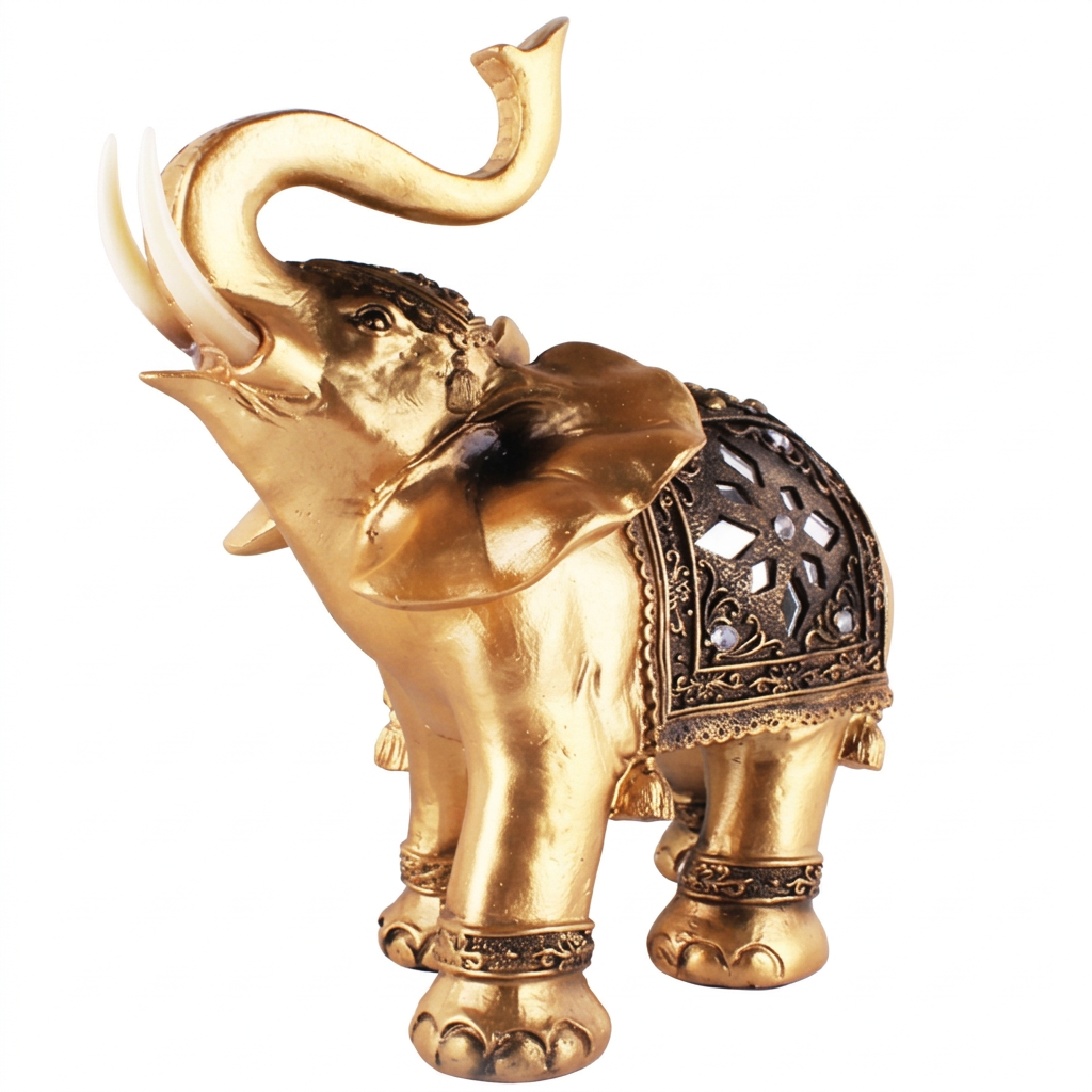 Golden Resin Elephant Statue Feng Shui, Raised Trunk Elephant Statue Home Office Ornament, Sculpture Feng Shui for Living Roo