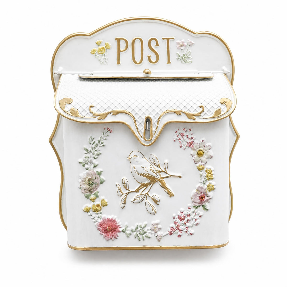 Embossed Floral Bird Mailbox Gold Trim Wall-Mounted Decorative Metal Mailbox
