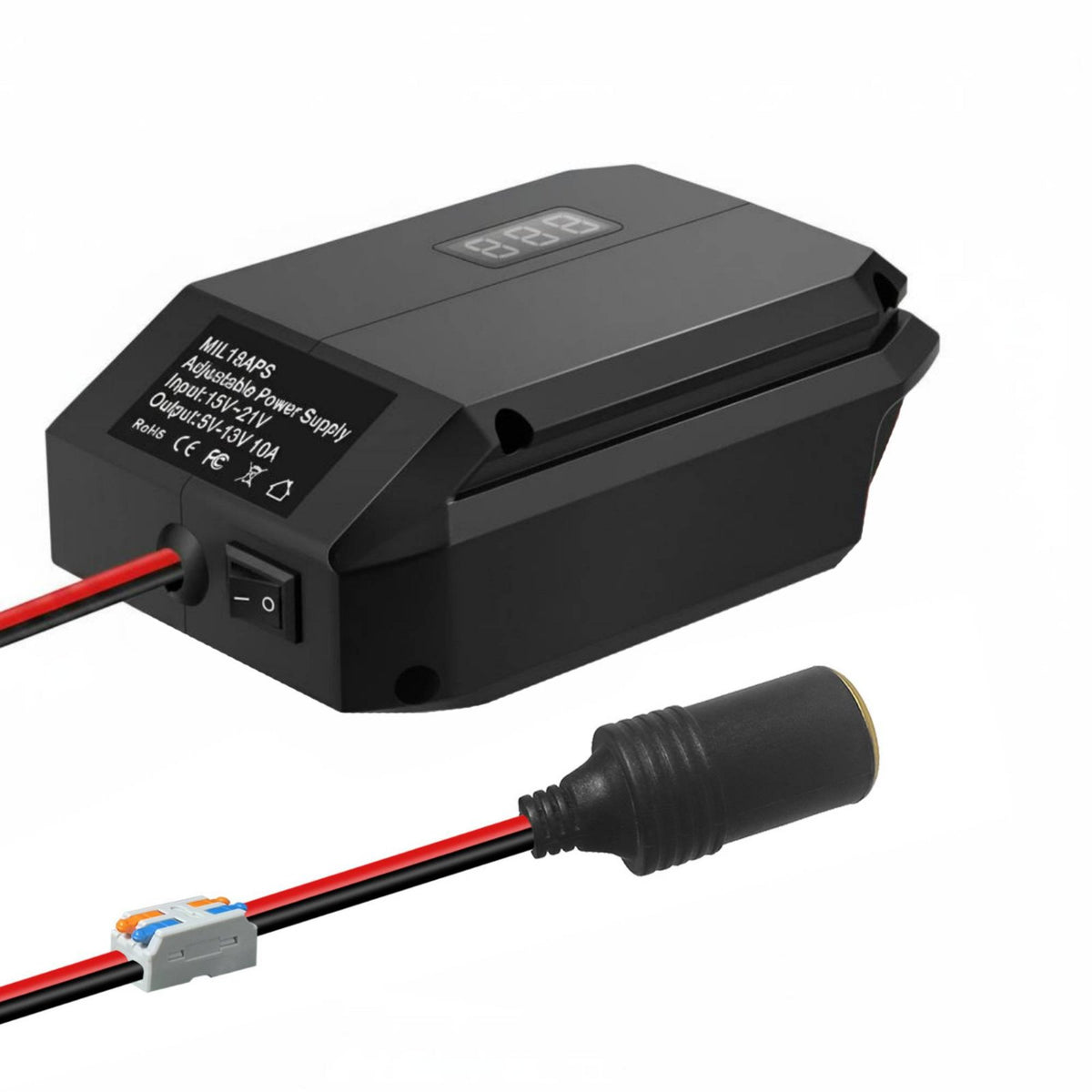 Overcurrent Protection Adjustable Battery Adapter Built-in Switch 18V to 12V Converter 10A Output for Electricians, Garage, Workbench