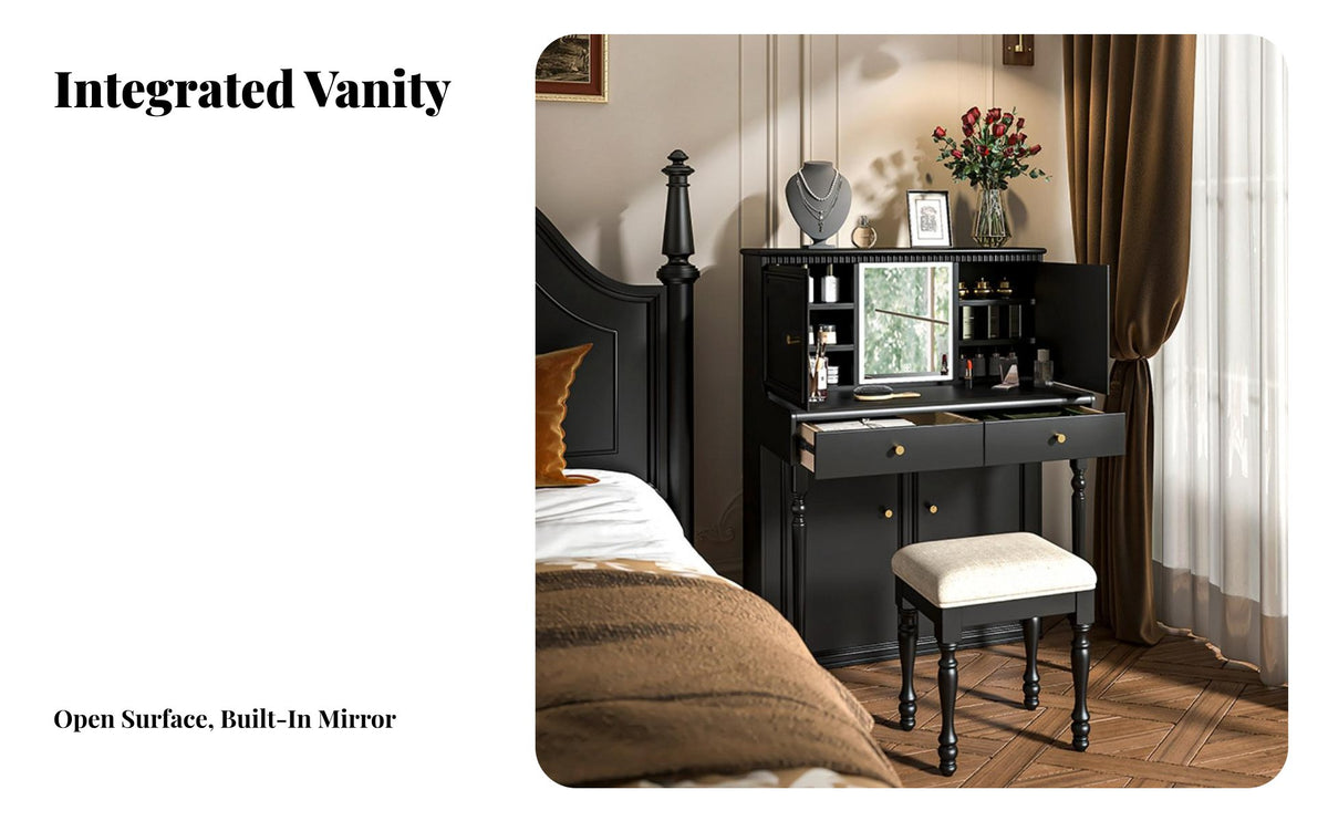 French Retro design Dressing Table with Lighted Mirror and Cabinet Large Storage Capacity Makeup Desk Includes Matching Stool Bedroom Furniture tap Control for Women, Girls, Teenagers, Walk-in Closet