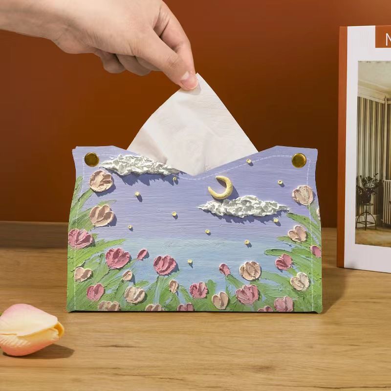 Tulip Oil Painting Tissue Box Cover, Leather, Tabletop, Modern Minimalist