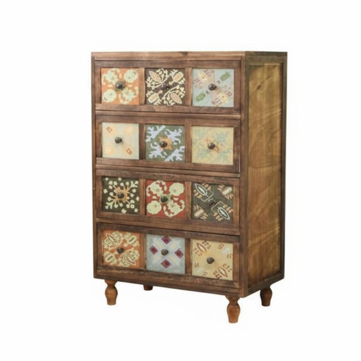 Solid Wood Build Multi-Drawer Accent Chest Vintage Design Patterned Front Dresser Decorative Design Storage Furniture Sturdy Construction for Interior Decorators, Homeowners, Renters, Living Room, Bedroom, Hallway, Entryway
