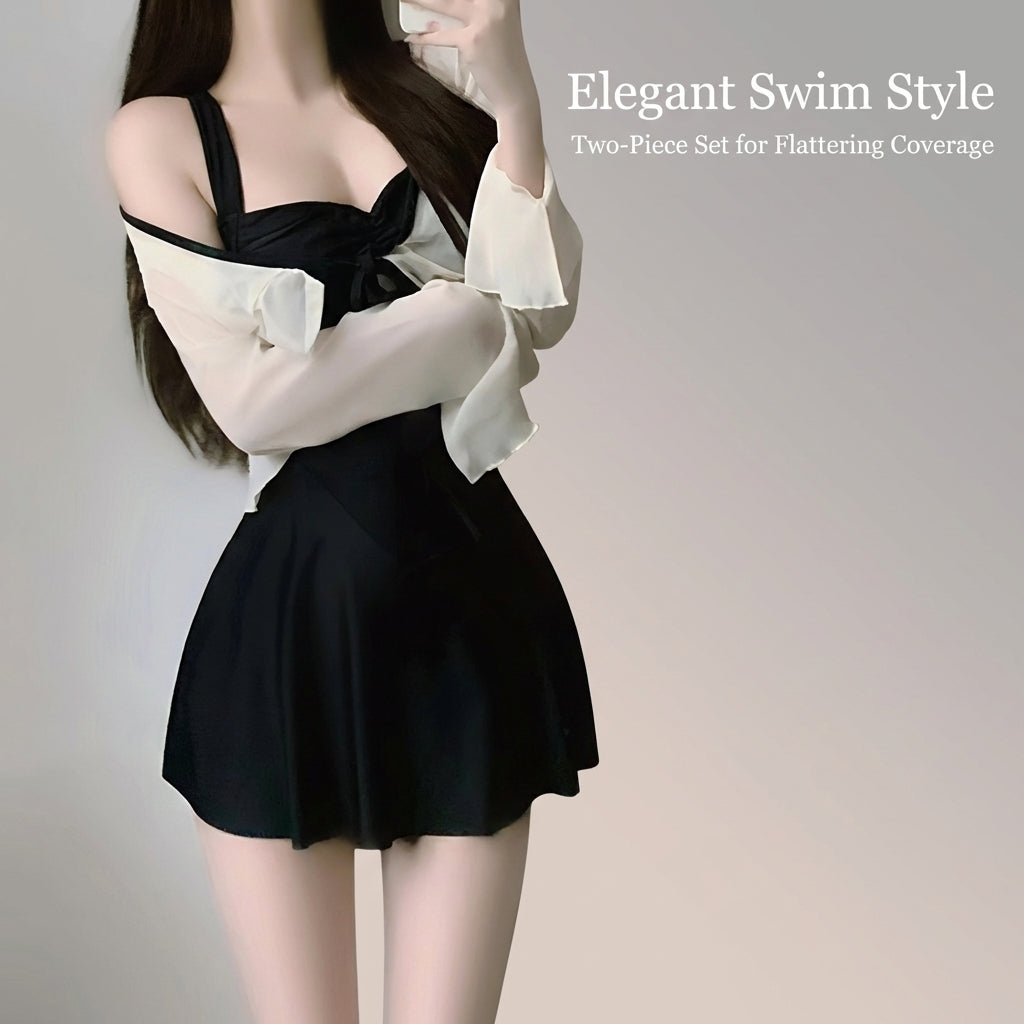 Swimsuit for Women, One-Piece Swimming Costume with Skirt & Long Sleeves for Sun Protection, Polyester One Piece for Water Sports