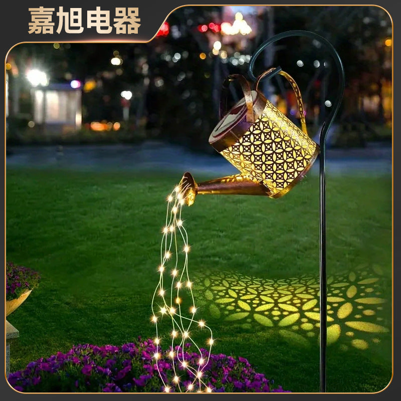 Solar Powered Watering Can Lantern Iron Art Flowing Water Sprinkler Outdoor Waterproof Garden Decoration Ground Insert Lawn Light