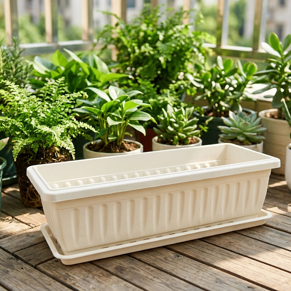 Plant Pots and Garden Pots, Ribbed Flower Pots with Tray, Self Watering Flower Box, Floor Standing Home Decor Balcony Planter