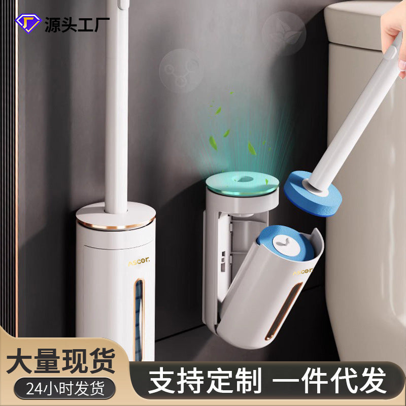 Disposable Toilet Brush with Wall-Mounted Holder and Refill Heads