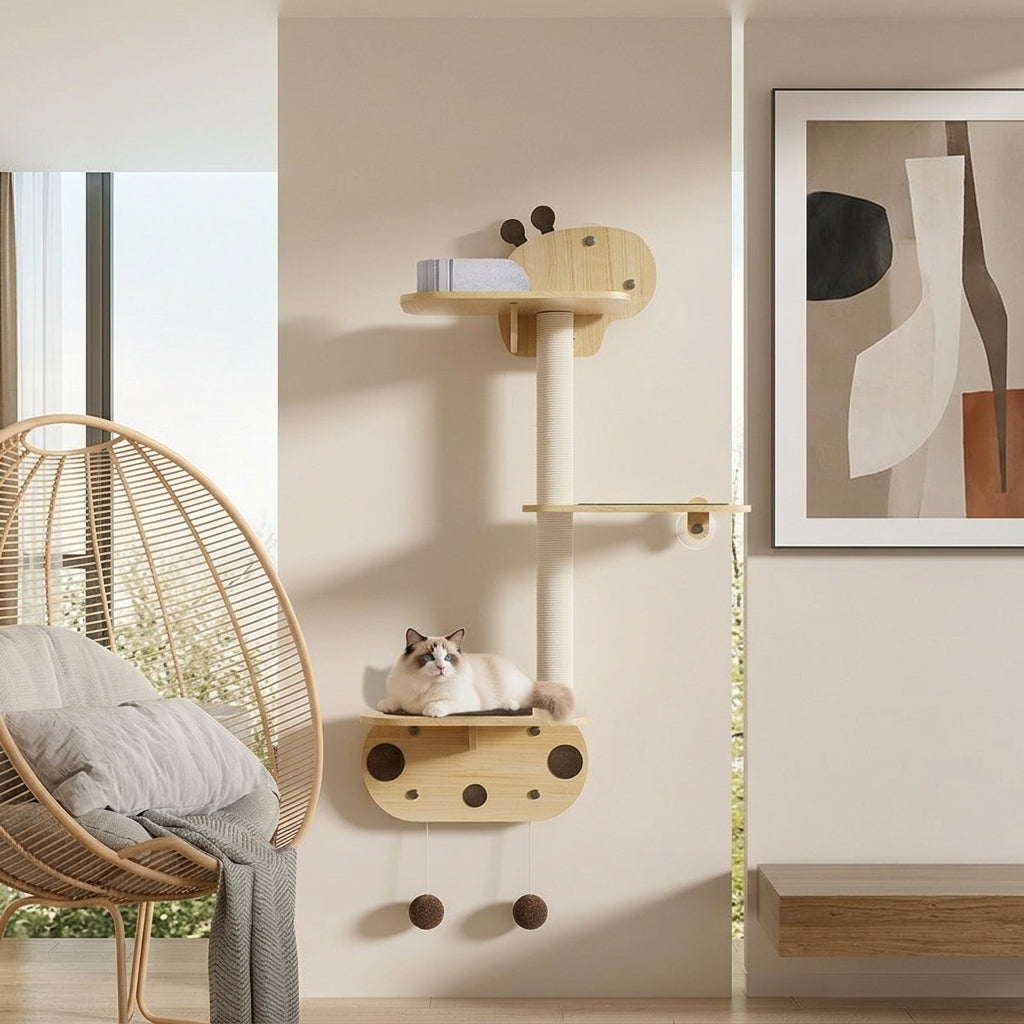 Cat Shelf and Climbing Frame with Perch and Bed, Solid Wood Wall-Mounted Shelves Sleeping for Large Indoor Cats, Sisal Rope Scratching Station