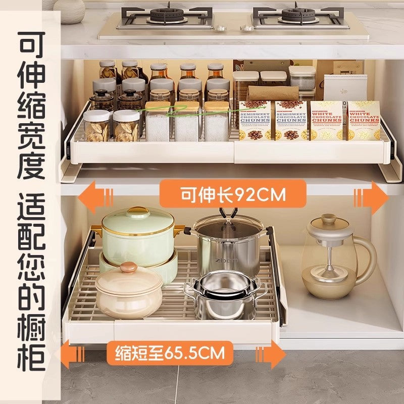 No-Drill Pull-Out Dish Rack for Kitchen Cabinet, Stainless Steel Expandable Storage Shelf