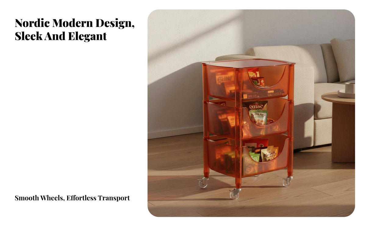 Transparent Acrylic Storage Trolley Modern Design Acrylic Organizer Trolley Tool-No-Tool Assembly Mobile Storage Rack with Wheels Rust-Resistant for Homeowners, Office Workers, Living Room, Kitchen, Bathroom, Playroom