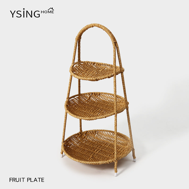 Rattan Weave Fruit Basket, Multi-layer, for Nuts and Snacks, Plastic, Pastoral Style