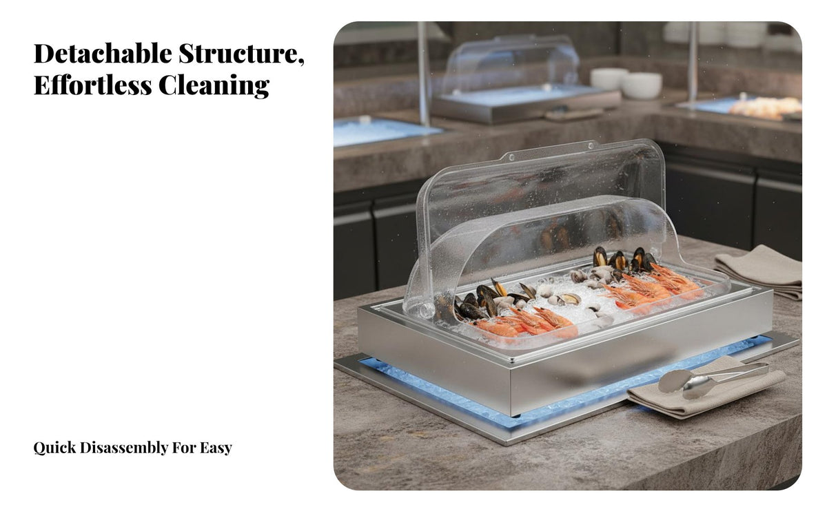 Easy to Clean Stainless Steel Food Display Tray Large Capacity Chilled Food Display Stand Detachable Design Lidded Stainless Steel Serving Tray for Restaurant Owners, Event Planners, Seafood Markets, Buffets, Restaurants, Catering Events