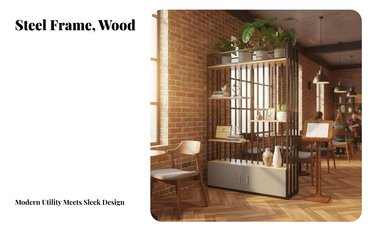 Double-Sided Entry Stepped Partition Shelf with Planter Floor-Standing Room Divider Unrestricted Standing Shelving Unit Multi-Functional Design for Interior Designers, Apartment Dwellers, Accessible-Plan Areas, Restaurant, Reception Area, Entryway
