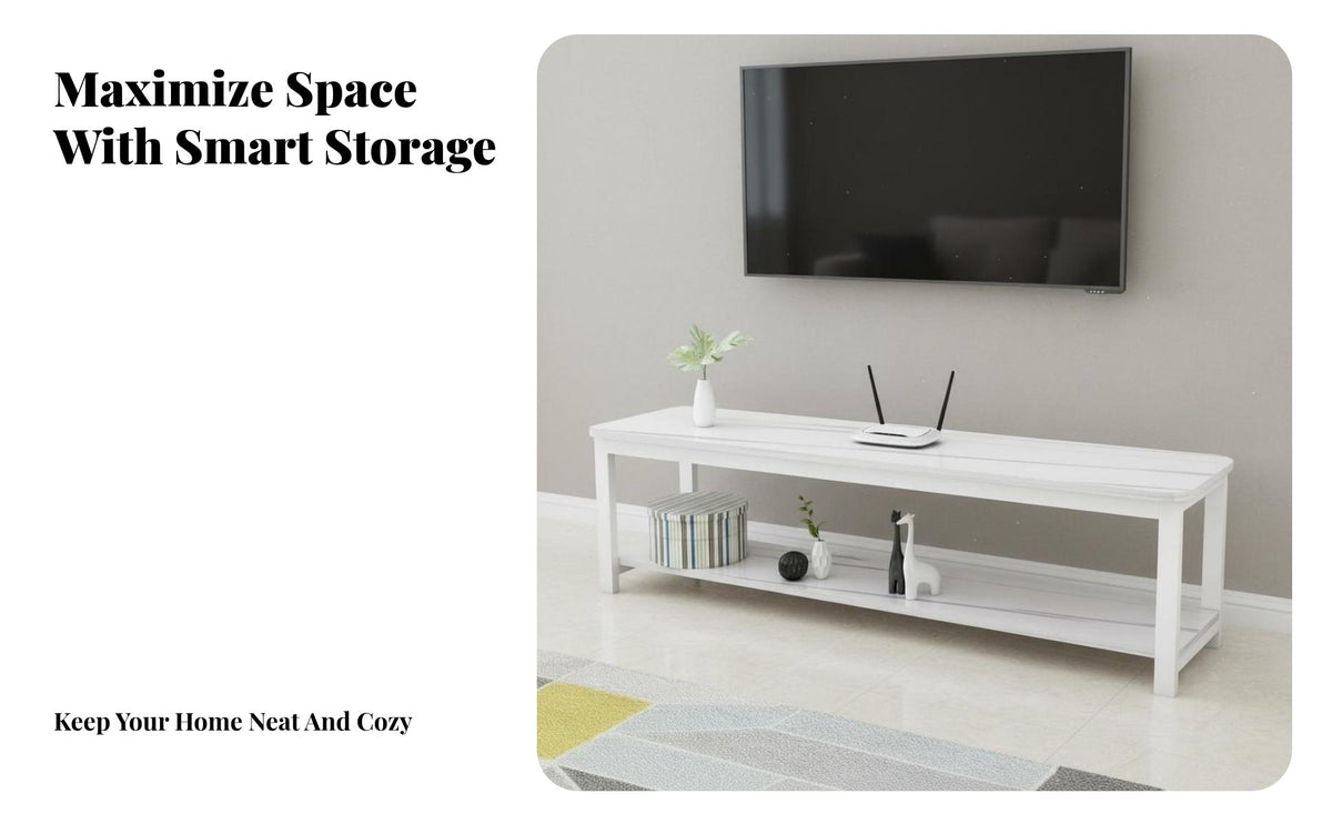 Rounded Corners Modern Entertainment Center Space Saving Steel Frame Media Table Sturdy Construction 2-Tier TV Stand Versatile Storage for Apartment Dwellers, Small Areas, Bedroom
