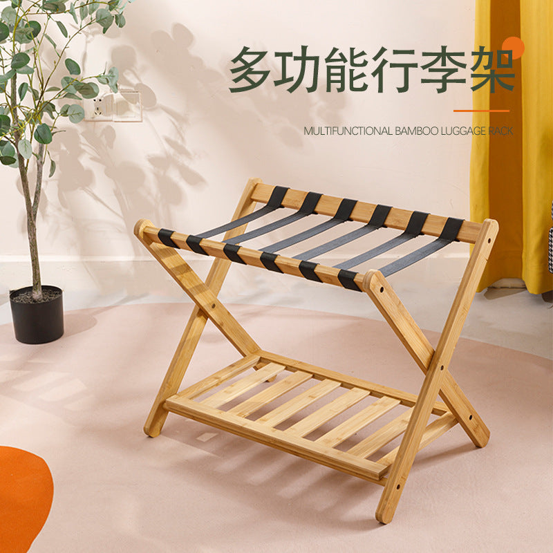 Reinforced Bamboo Luggage Rack, Foldable Double-Layer Storage Rack