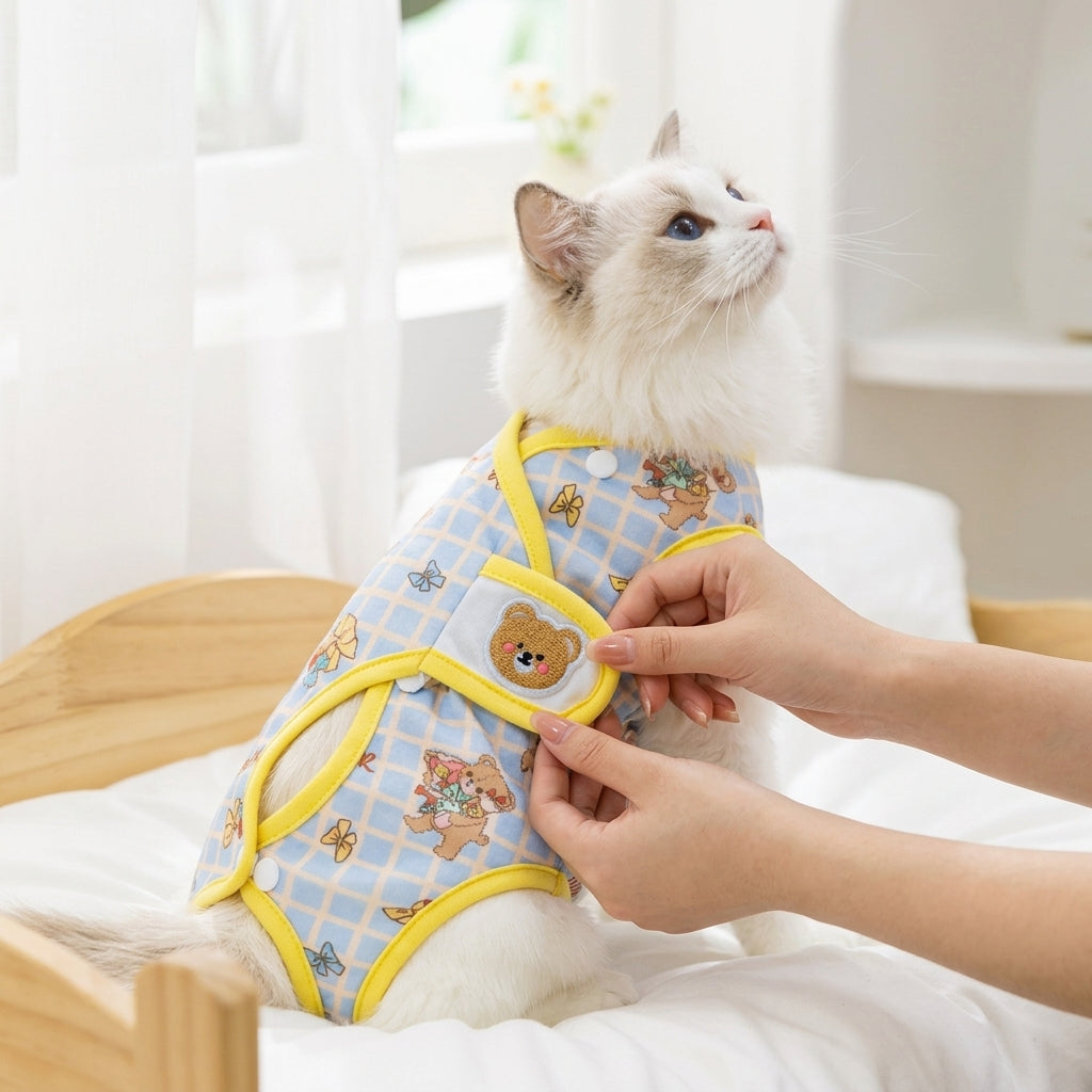 Cat Recovery Suit in Polyester Four-Legged Design, Post-Surgery Pet Clothing for Spay Neuter Recovery, Unisex Suit to Prevent Licking
