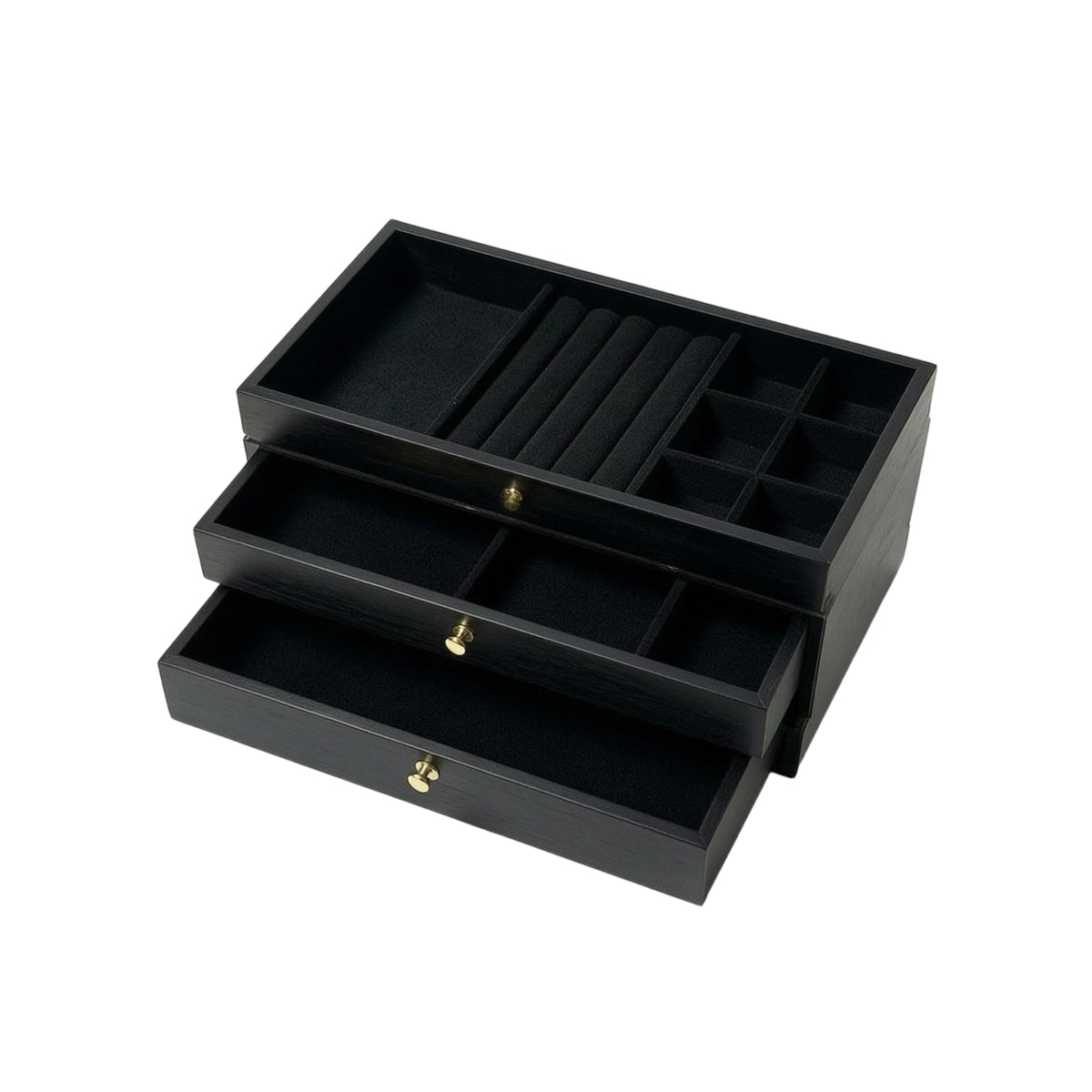 Three-Drawer Jewelry Box with Transparent Lid Rectangular Jewelry Box with Drawers Wood-Grain Container Compact for Women, Vanity, Dresser, Bedside Table
