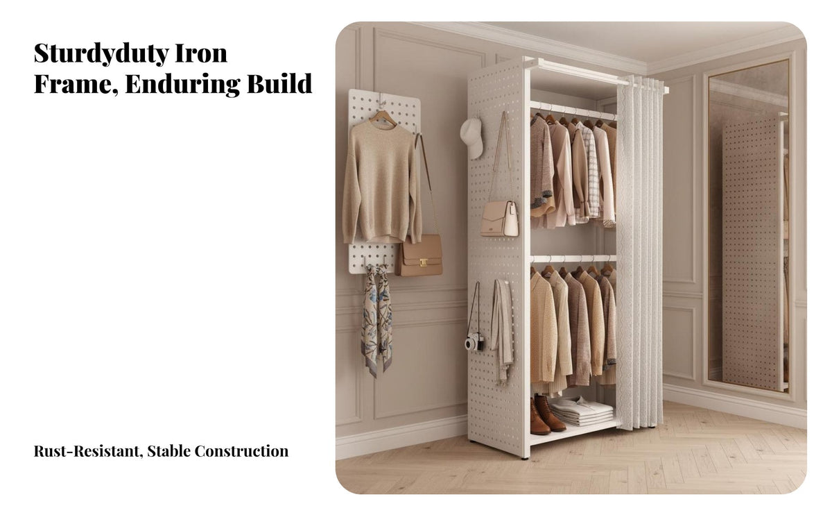 Modular Closet System with Pegboard Unobstructed Design Freestanding Wardrobe System Sturdy Construction Clothing Organizer for Students, Dorm Room