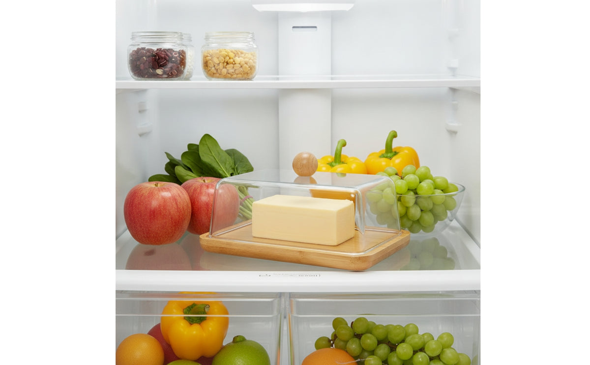 Clear Butter Storage Box Rectangular Butter Box with Bamboo Base Transparent Slimline for Kitchen, Fridge, Table