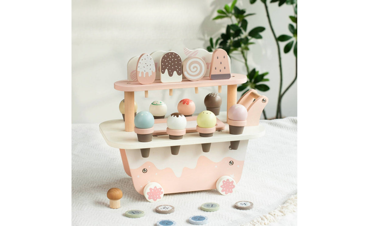 Ice Cream Cart Wooden Toy Ice Cream Set Role-Playing Pretend Play Cart for Young Children, Preschoolers, Playroom, Classroom, Bedroom