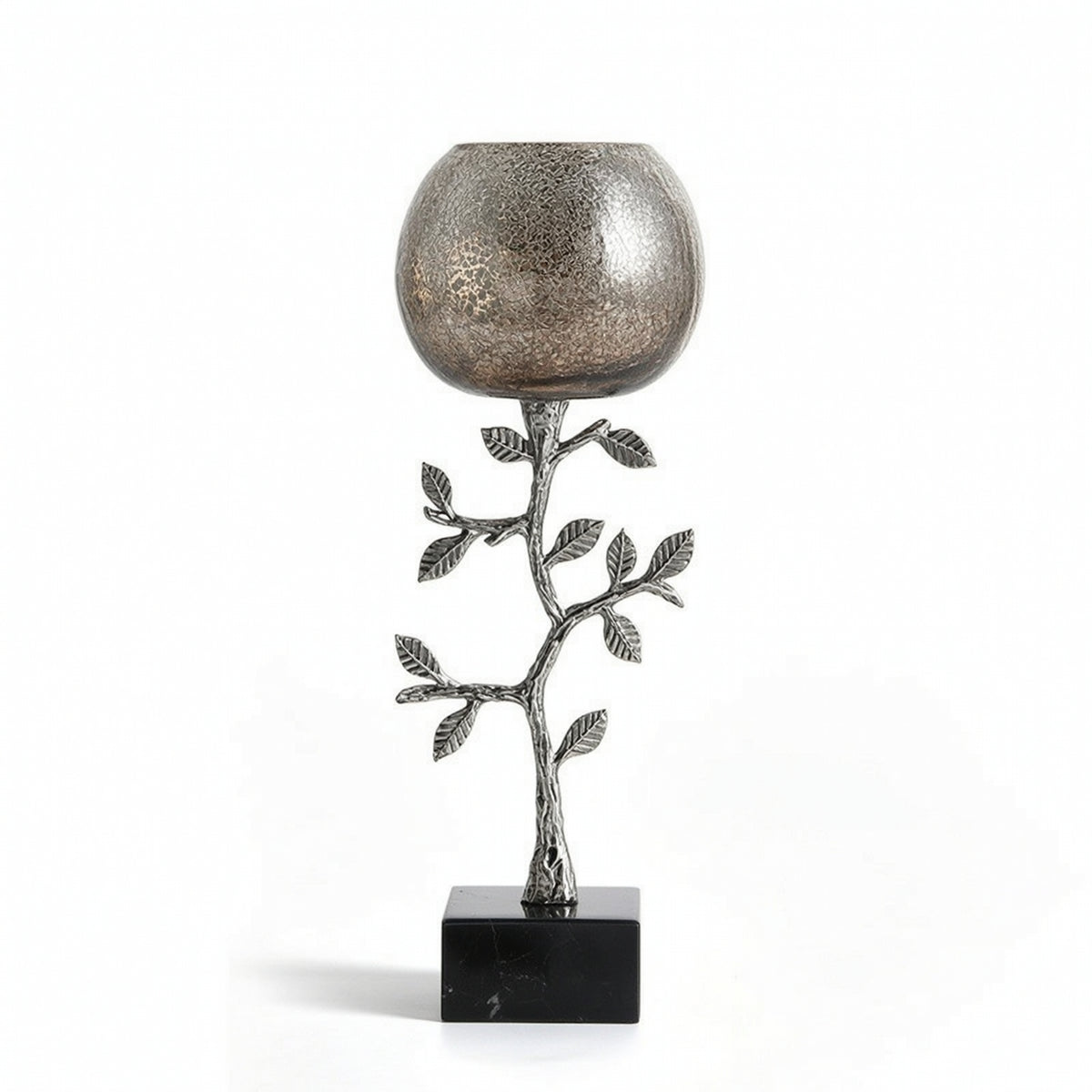 Candle Holder with Marble Base Silver-Toned Sculptural Candle Holder Textured Glass Candlestick for Dining Table, Sideboard