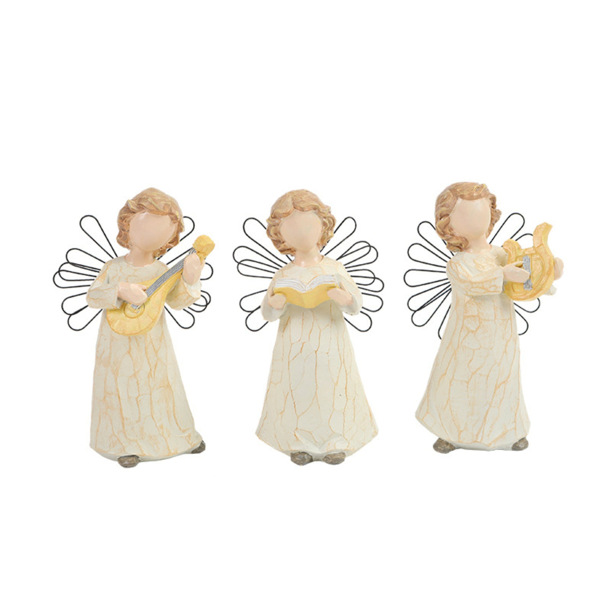 3 Pieces Faceless Angel Ornaments with Wire Wings Crackle-Finish Angel Figurines Tabletop Decorations Decorative for Mantel, Bookshelf