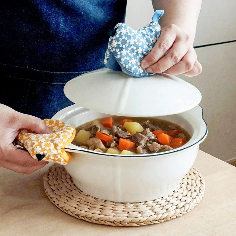 Cute Bird Pattern Flower Print Heat-Resistant Pot Cover Handle and Oven Mitt Set