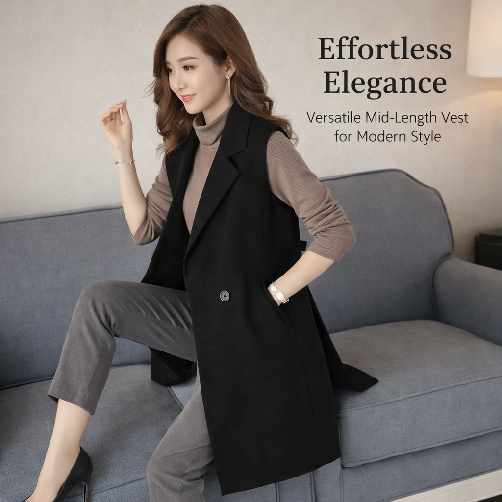 Women's Waistcoat for Work Wear and Business Casual, Polyester Two Button Vest with Functional Pockets, Mid-Length Loose Fit Design