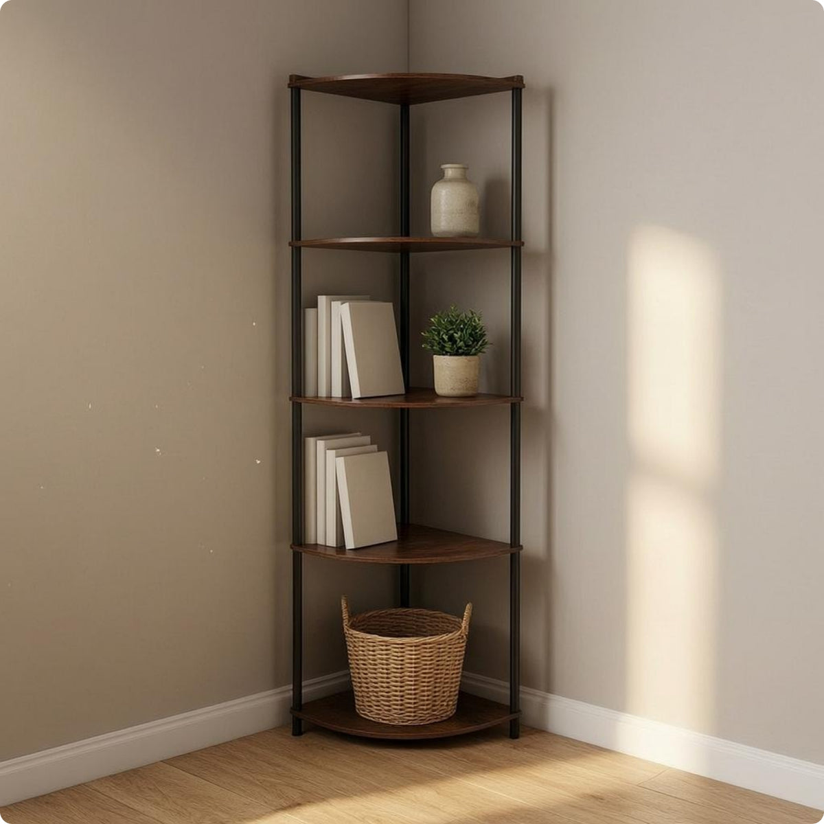 4-Tier Corner Shelf Antique Finish Storage Furniture Wood-Look