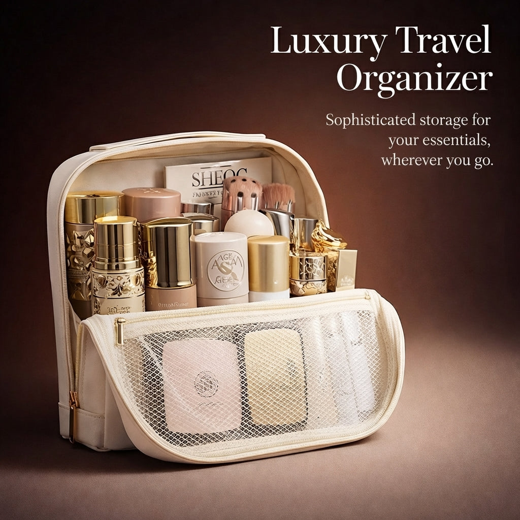 Standing Makeup Organizer Bag with Compartments, Waterproof Large Toiletry for Home Storage, PU Leather Brush Holder for Daily Use and Travelers