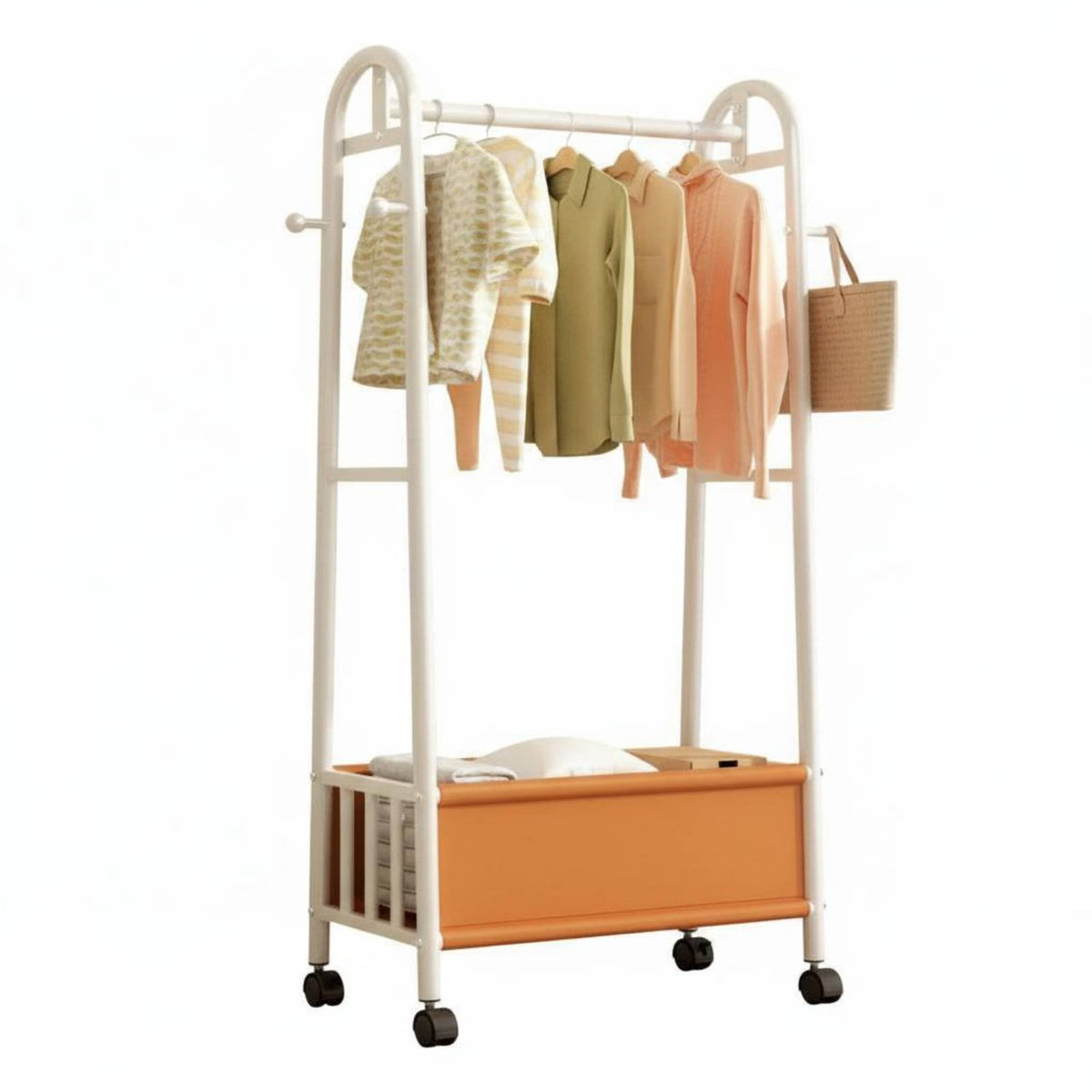 Multifunctional Rolling Clothes with Shelf Heavy-Duty Rolling Clothing Organizer with Basket Lockable Casters Garment Rack Large Capacity for Homeowners, Renters, Students, Bedroom, Entryway, Laundry Room, Closet