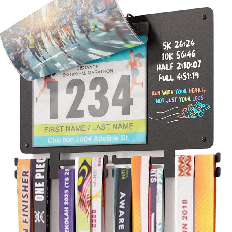 Wall-Mounted Marathon Medal Display Rack with Bib Number Pockets