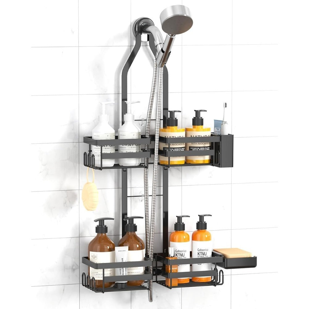 No-Drill Bathroom Shelf with Shower Head Hanger and Soap Basket, Adjustable Extension